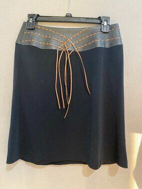VAKKO New York Black Skirt Size 4 Leather Waist Lace-Up Western Boho Midi Skirt